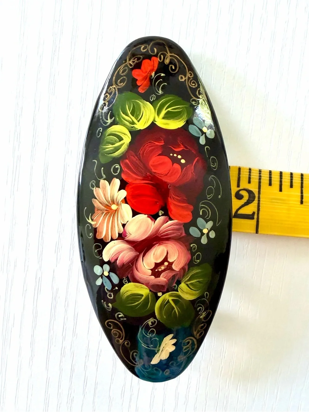 Artisan Hair Barrette, Russian hand painted Floral Lacquer Hair Clip 4